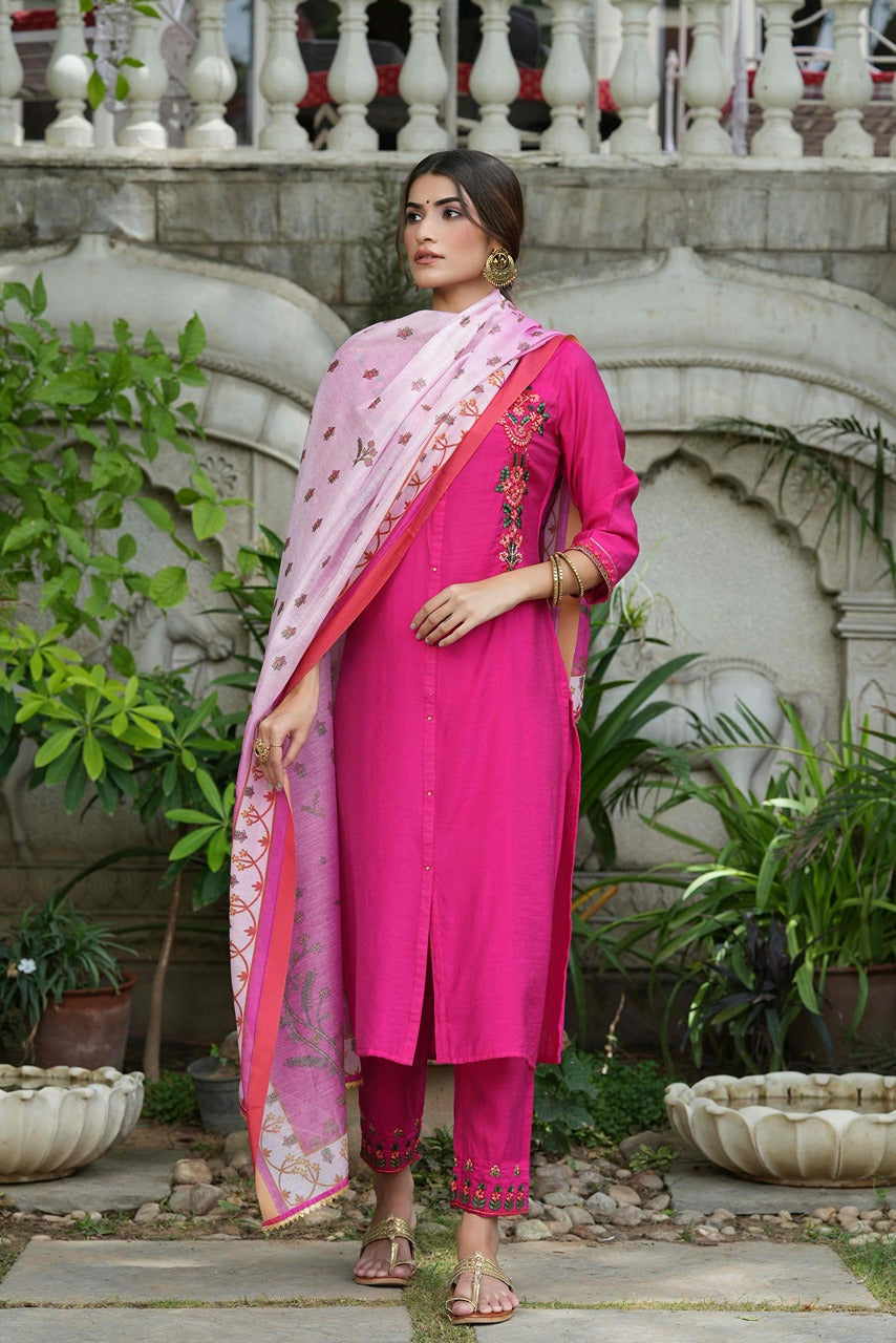 Juniper Fuchsia Mono Viscose Festive Wear Embroidered Straight Kurta Pant Dupatta Set - Distacart