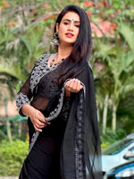 Thumbnail for Sangria Embroidered Pure Georgette Saree - Distacart