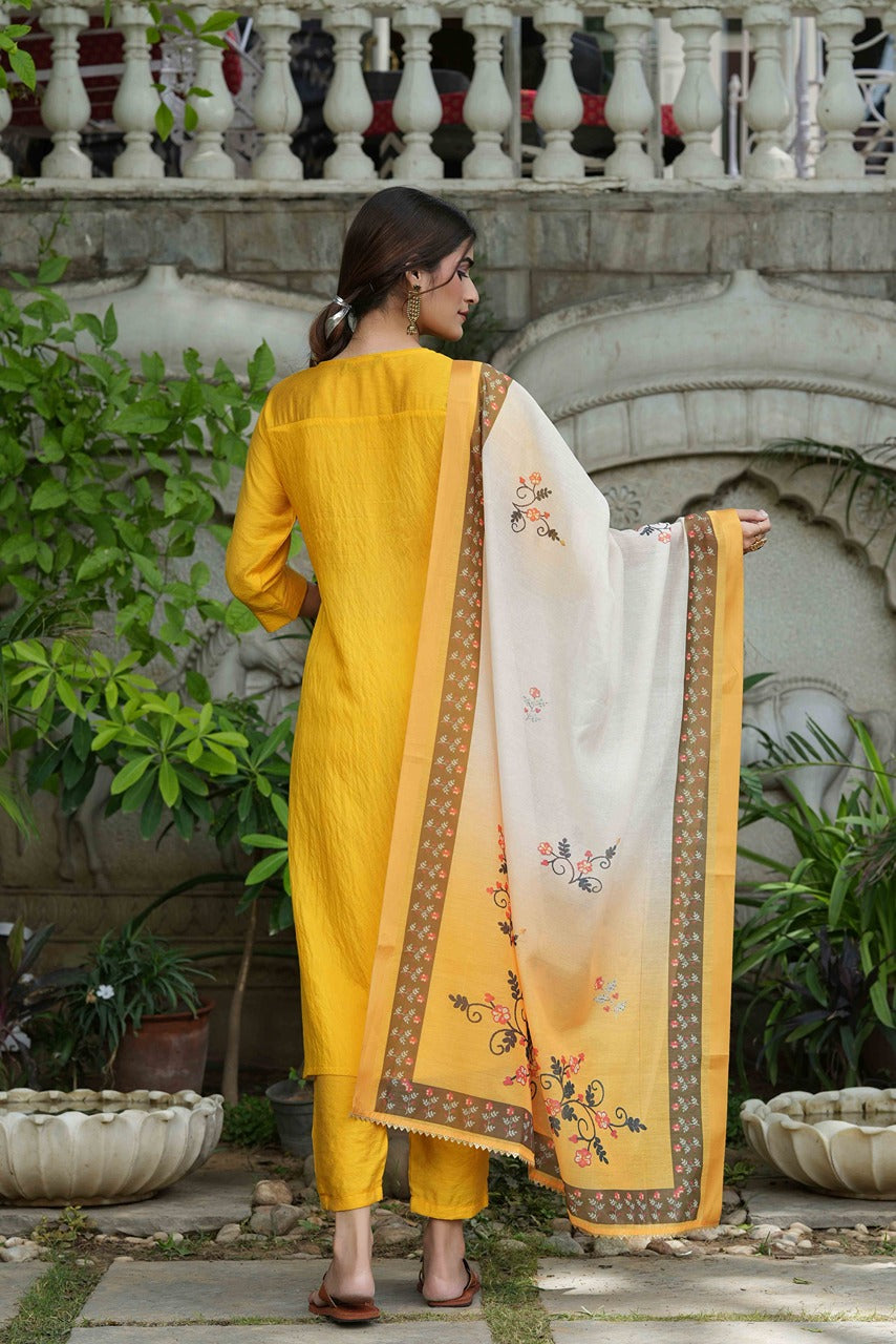 Juniper Women's Yellow Mono Viscose Straight Embroidered Kurta Sets - Distacart