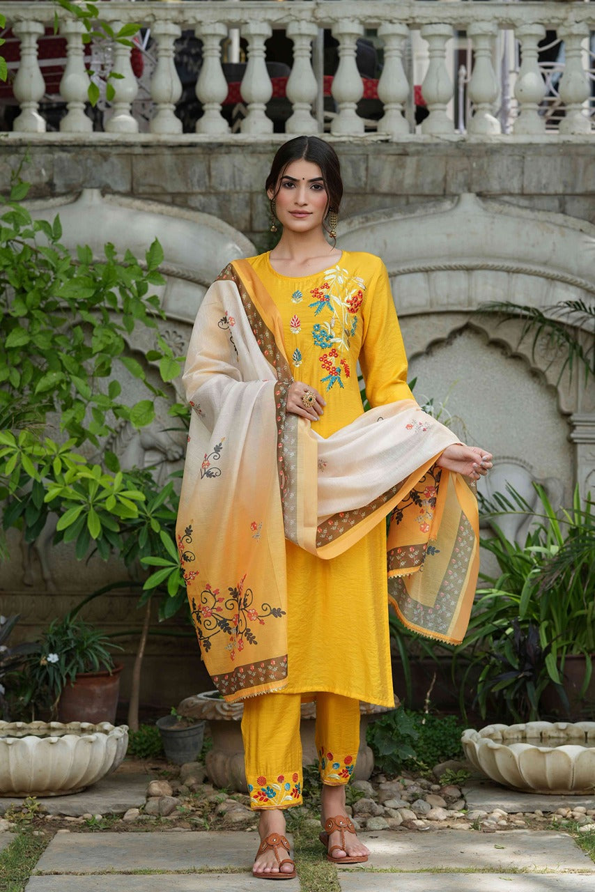 Juniper Women's Yellow Mono Viscose Straight Embroidered Kurta Sets - Distacart