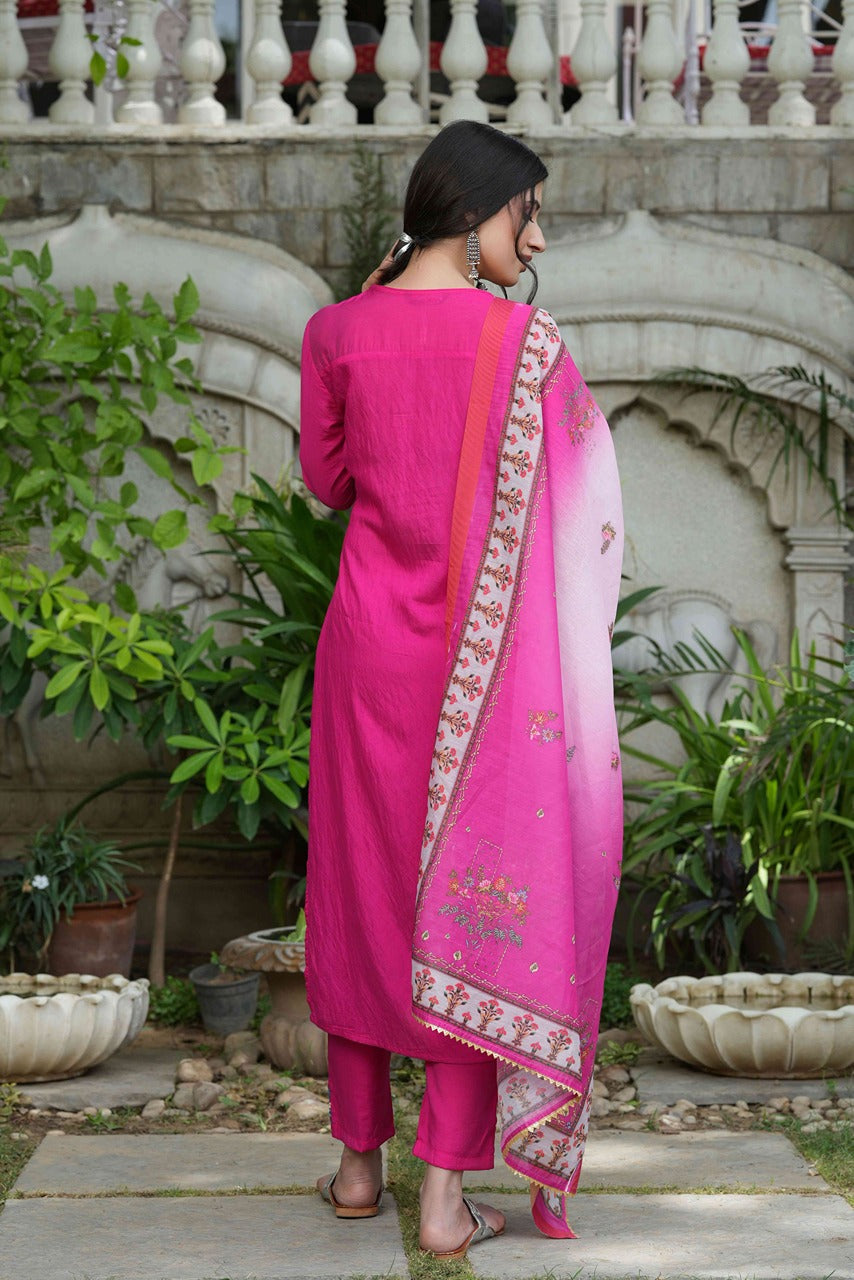 Juniper Fuchsia Mono Viscose Festive Wear Embroidered Straight Kurta Pant Dupatta Set - Distacart