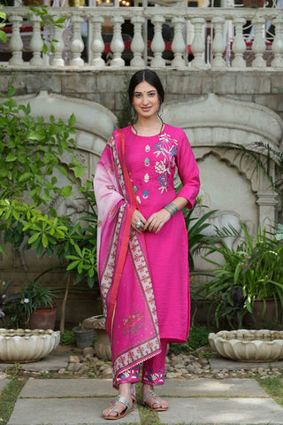 Juniper Fuchsia Mono Viscose Festive Wear Embroidered Straight Kurta Pant Dupatta Set - Distacart