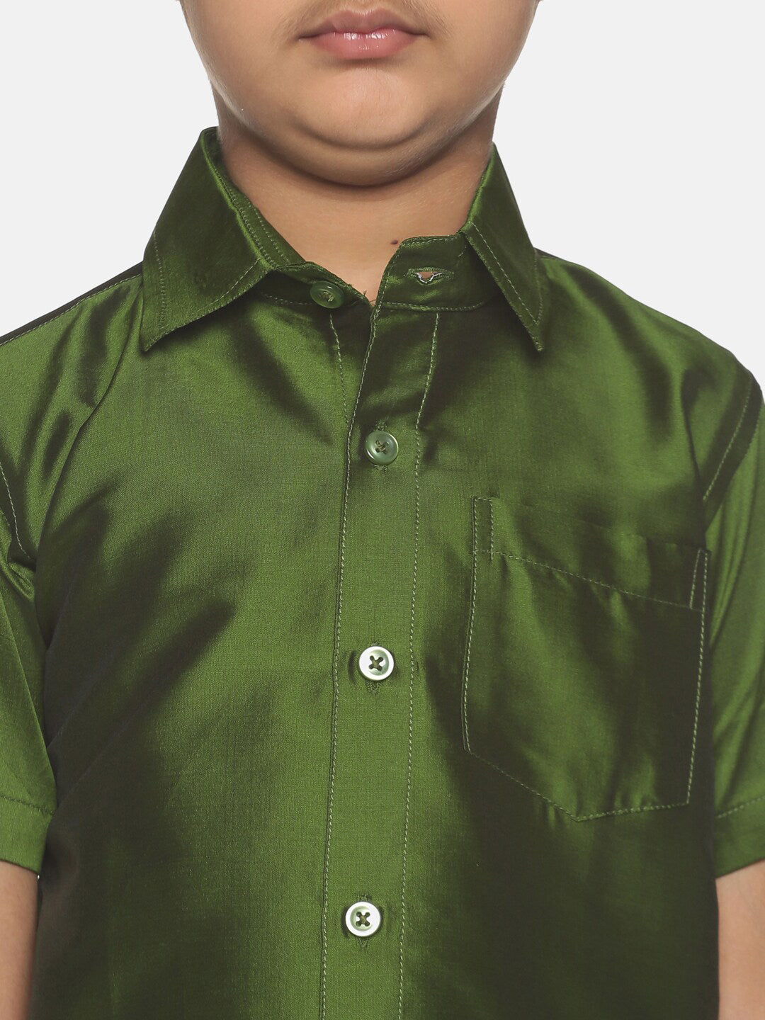 Sethukrishna Olive Green & White Solid Shirt and Veshti Set For Boys - Distacart