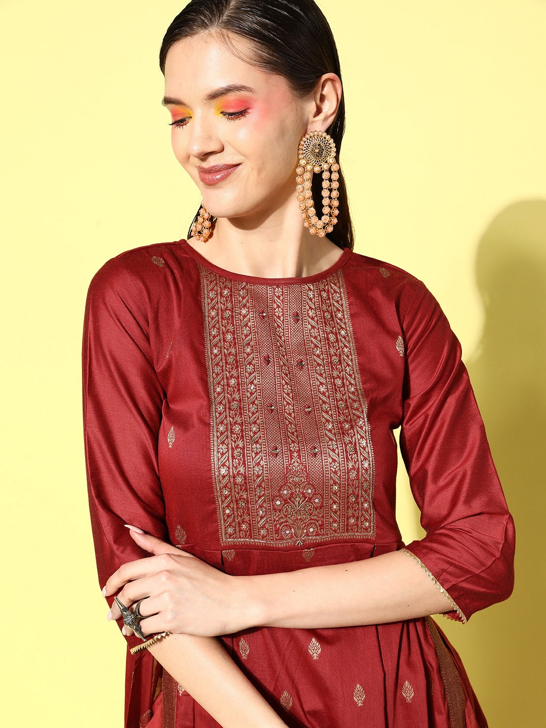 Sangria Floral Yoke Design Pleated Mirror Work Chanderi Silk Kurta with Trousers - Distacart