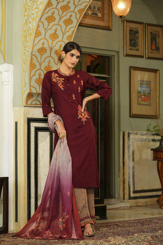 Juniper Maroon Mono Viscose Festive Wear Embroidered Straight Kurta Pant Dupatta Set - Distacart
