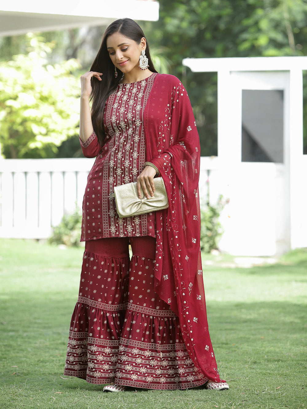 Juniper Maroon Mono Viscose Festive Wear Printed Straight Kurta Sharara Dupatta Set - Distacart