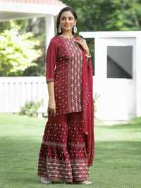 Thumbnail for Juniper Maroon Mono Viscose Festive Wear Printed Straight Kurta Sharara Dupatta Set - Distacart