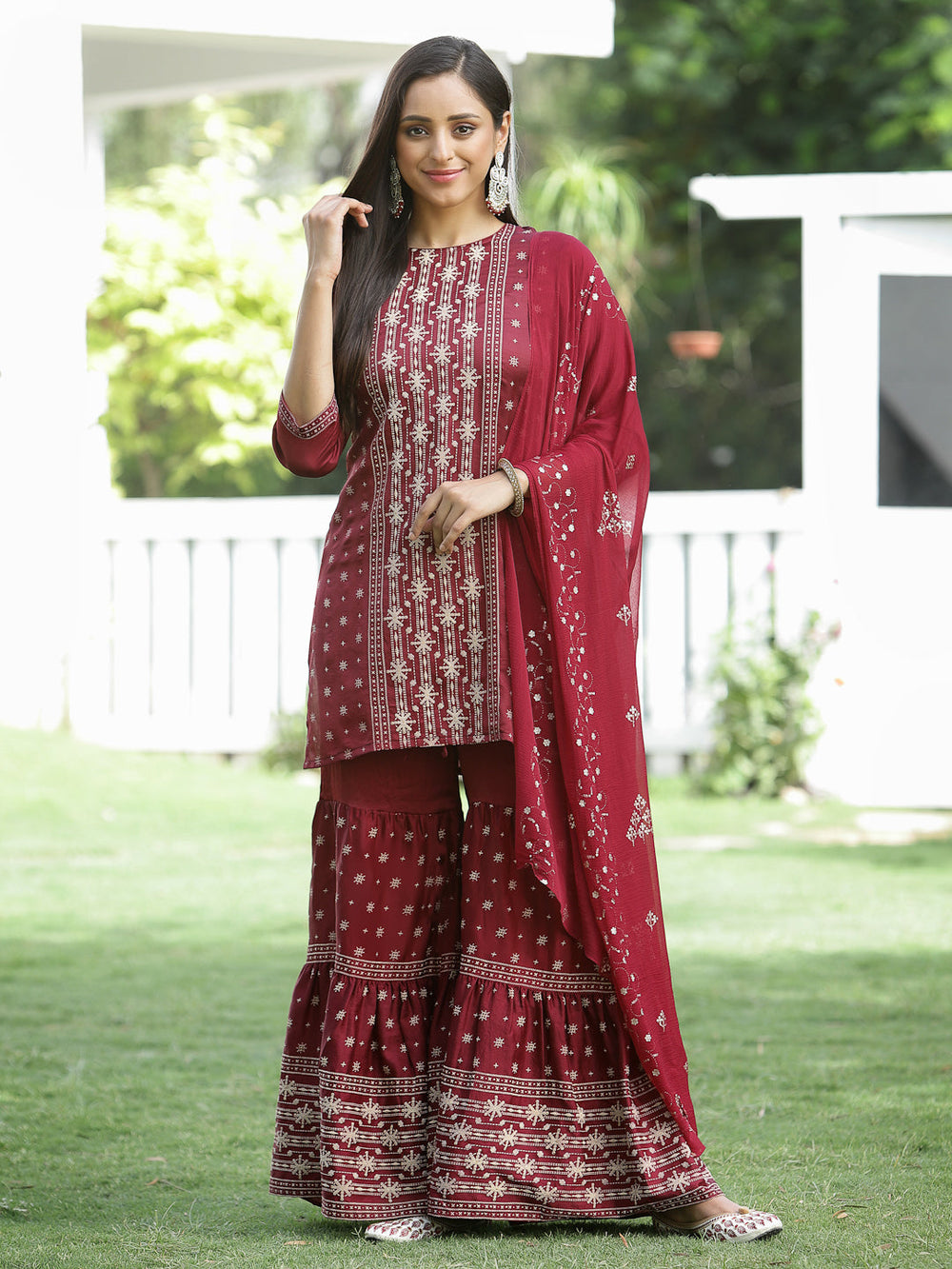 Juniper Maroon Mono Viscose Festive Wear Printed Straight Kurta Sharara Dupatta Set - Distacart
