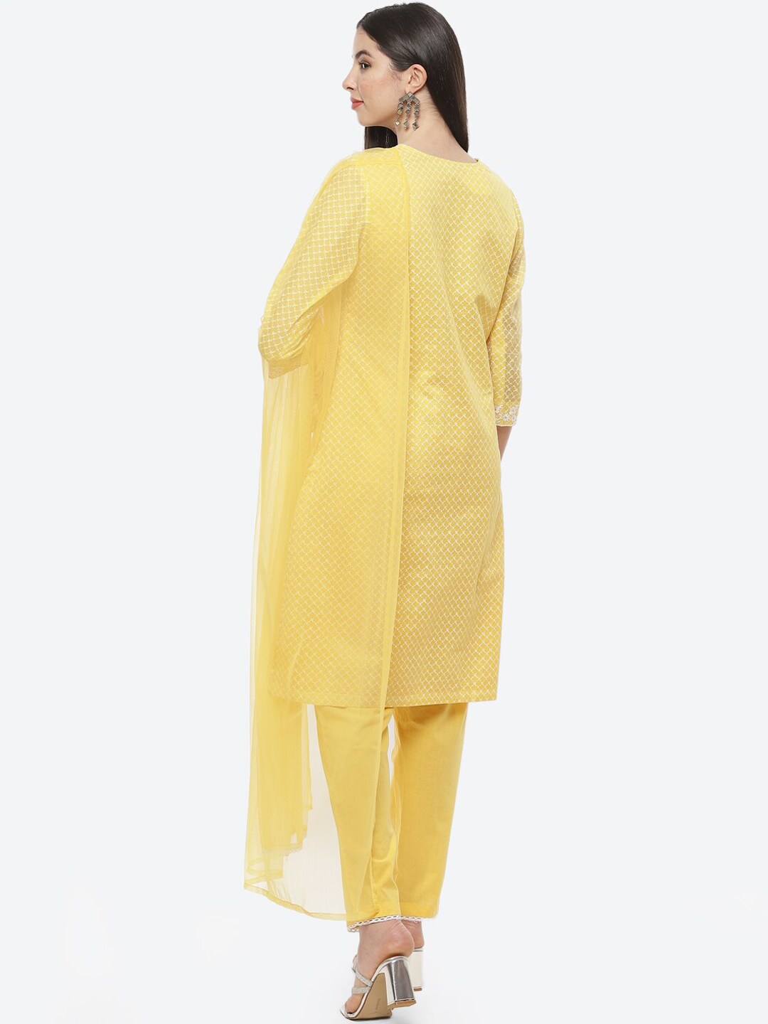 Biba Women Yellow Floral Embroidered Kurta With Trousers & Dupatta - Distacart