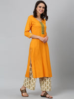 Thumbnail for Khushal K Women Mustard Yellow Printed Yoke Design Regular Kurta with Palazzos & Dupatta - Distacart