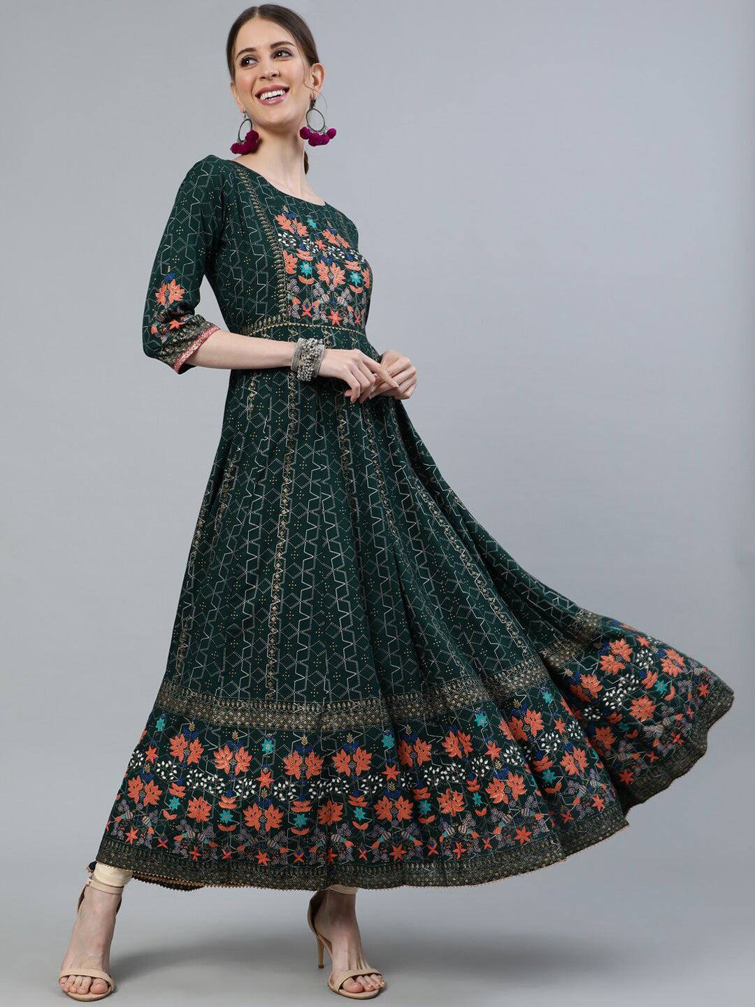 Jaipur Kurti Women Green & Peach-Coloured Floral Printed Anarkali Kurta - Distacart