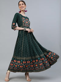 Thumbnail for Jaipur Kurti Women Green & Peach-Coloured Floral Printed Anarkali Kurta - Distacart