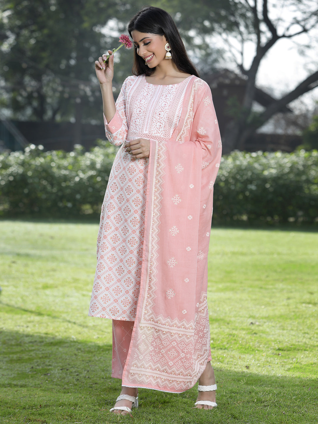 Juniper Women Peach Cotton Embroidered Straight Kurta Pant Dupatta Set - Distacart