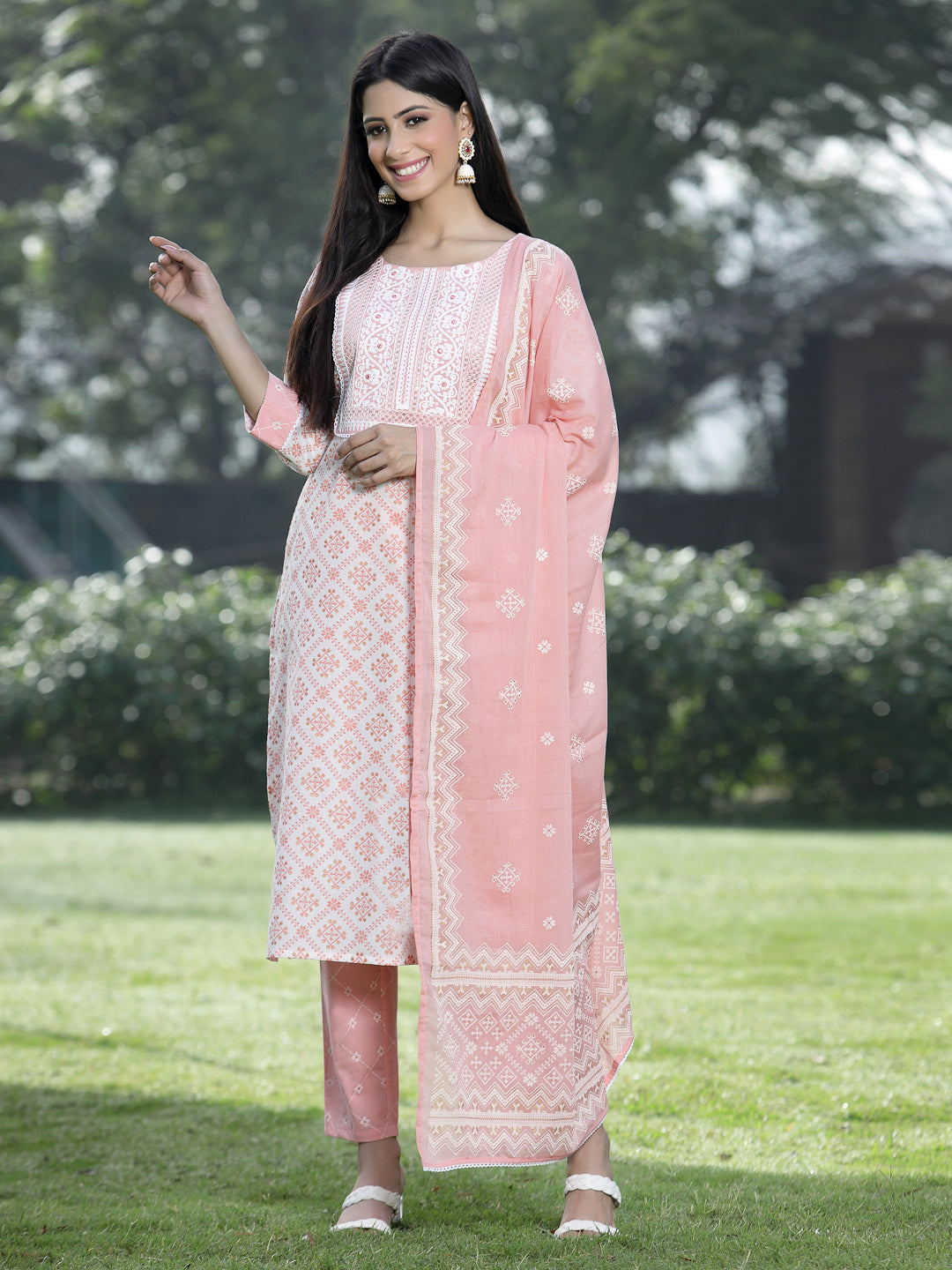 Juniper Women Peach Cotton Embroidered Straight Kurta Pant Dupatta Set - Distacart