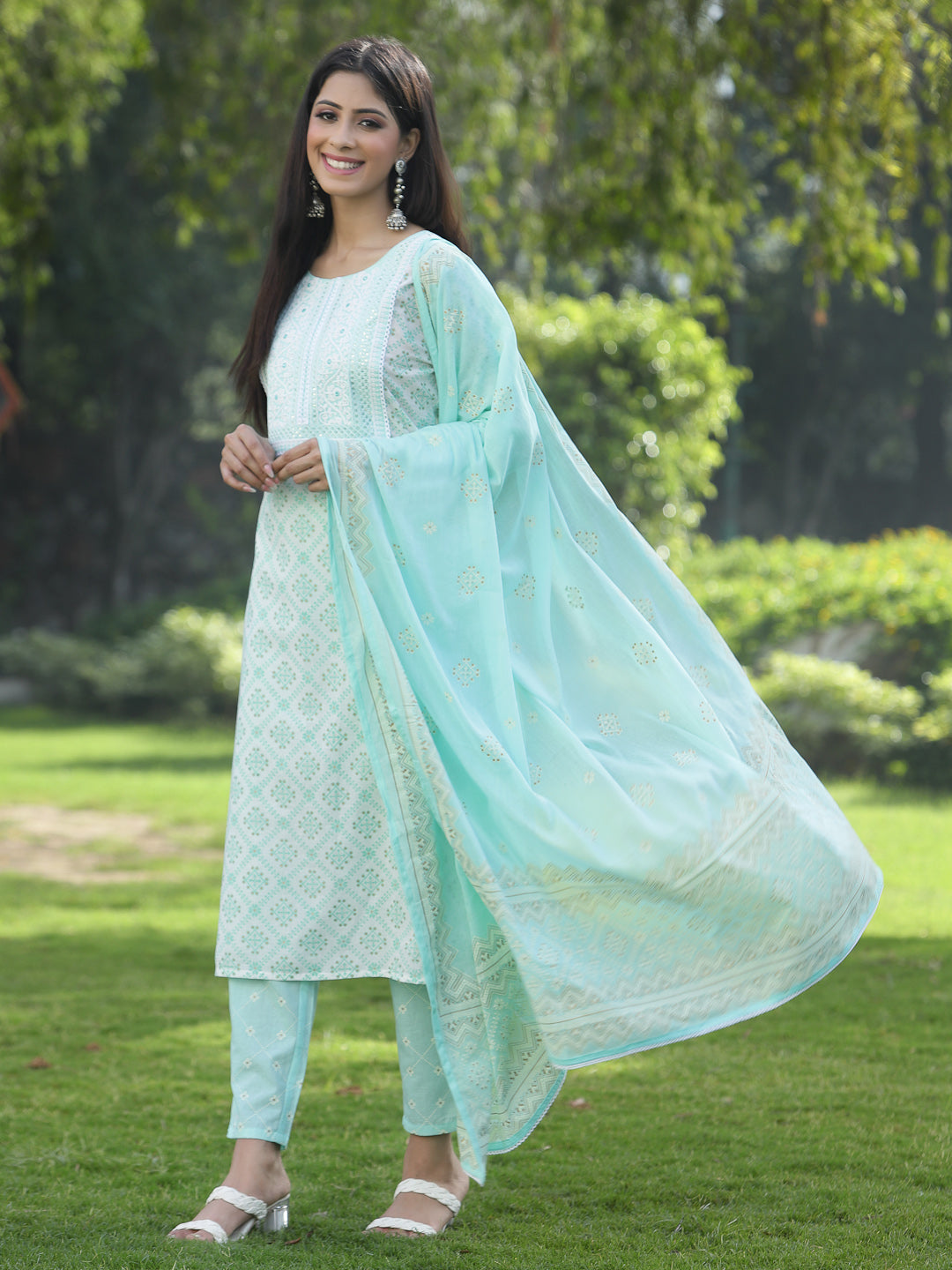 Juniper Women Powder Blue Cotton Embroidered Straight Kurta Pant Dupatta Set - Distacart