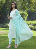 Thumbnail for Juniper Women Powder Blue Cotton Embroidered Straight Kurta Pant Dupatta Set - Distacart