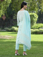 Thumbnail for Juniper Women Powder Blue Cotton Embroidered Straight Kurta Pant Dupatta Set - Distacart