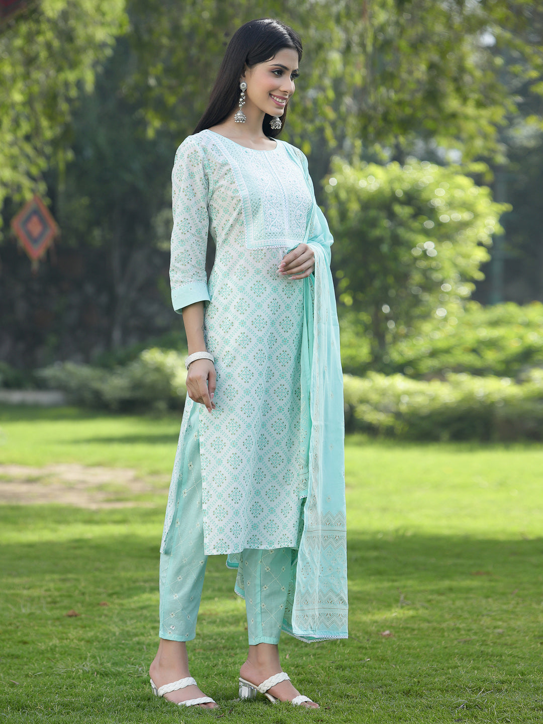 Juniper Women Powder Blue Cotton Embroidered Straight Kurta Pant Dupatta Set - Distacart