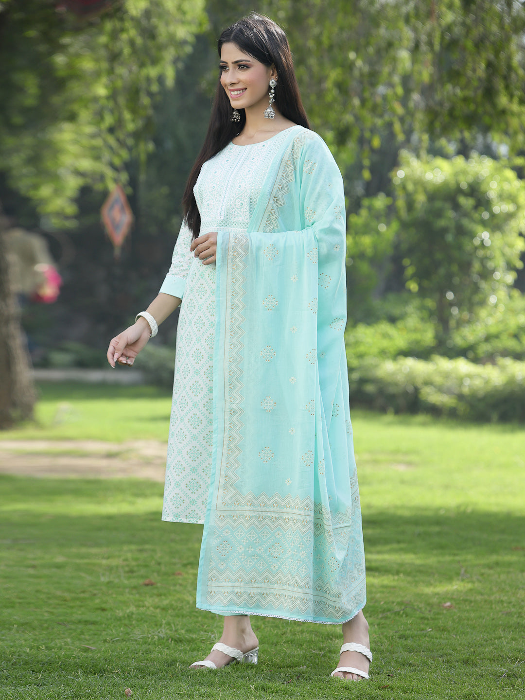 Juniper Women Powder Blue Cotton Embroidered Straight Kurta Pant Dupatta Set - Distacart