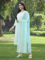 Thumbnail for Juniper Women Powder Blue Cotton Embroidered Straight Kurta Pant Dupatta Set - Distacart