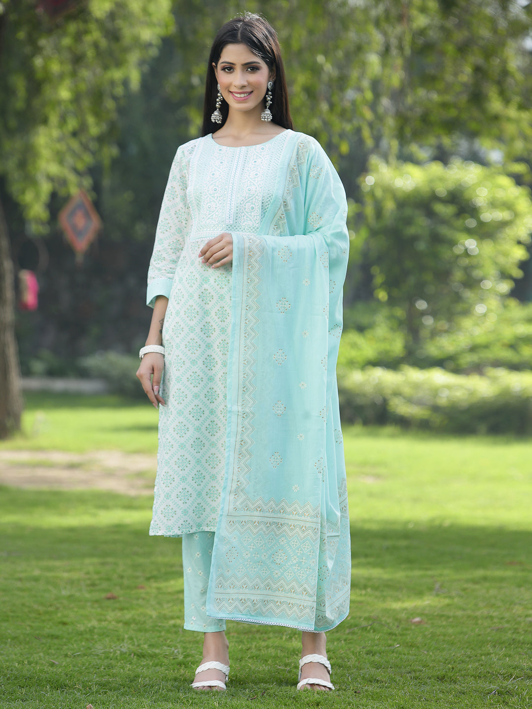 Juniper Women Powder Blue Cotton Embroidered Straight Kurta Pant Dupatta Set - Distacart