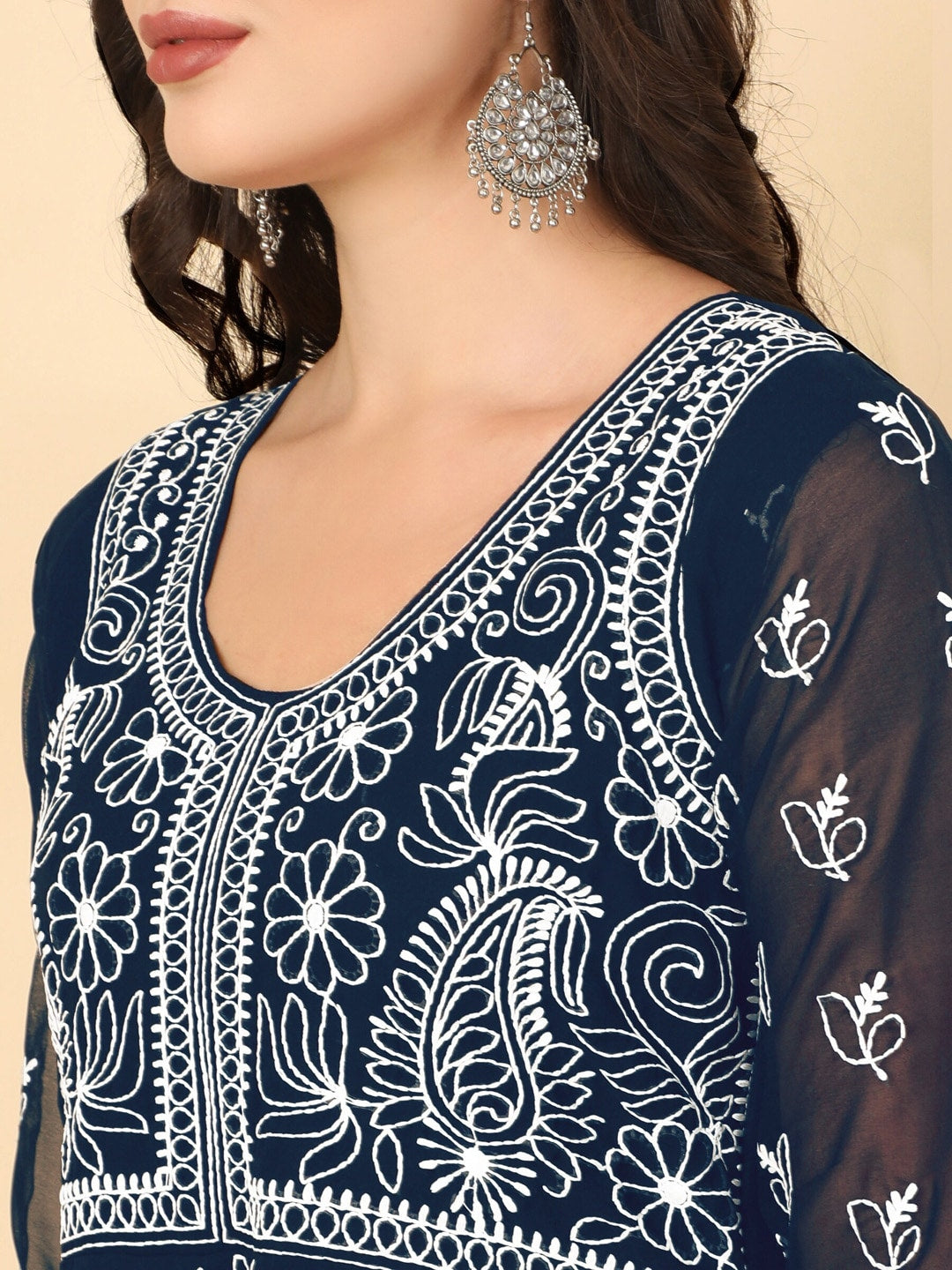 HERE&NOW Women Chikankari Embroidered Thread Work Georgette Anarkali Kurta - Distacart