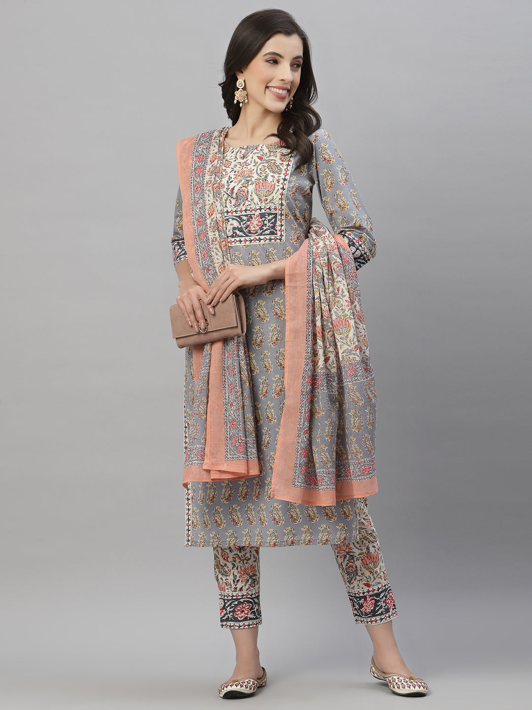 Juniper Women Grey Cotton Embroidered Straight Kurta Pant Dupatta Set - Distacart