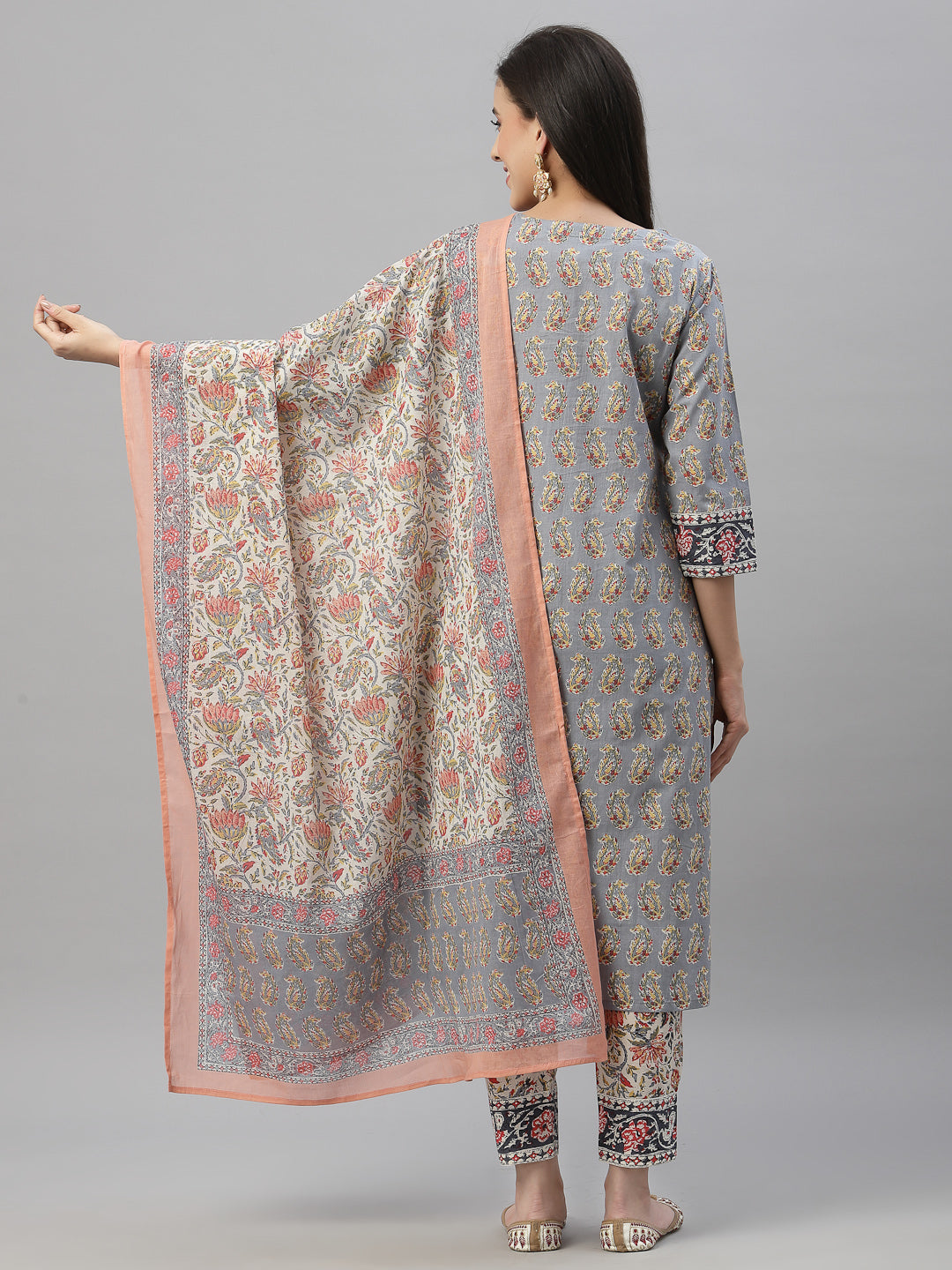 Juniper Women Grey Cotton Embroidered Straight Kurta Pant Dupatta Set - Distacart