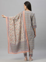 Thumbnail for Juniper Women Grey Cotton Embroidered Straight Kurta Pant Dupatta Set - Distacart