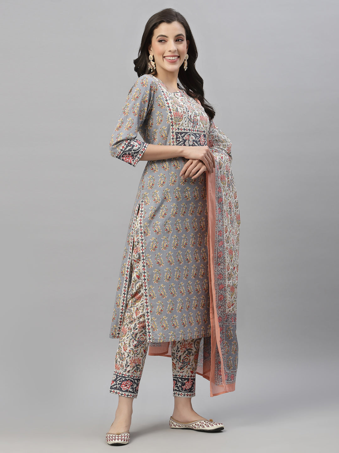 Juniper Women Grey Cotton Embroidered Straight Kurta Pant Dupatta Set - Distacart
