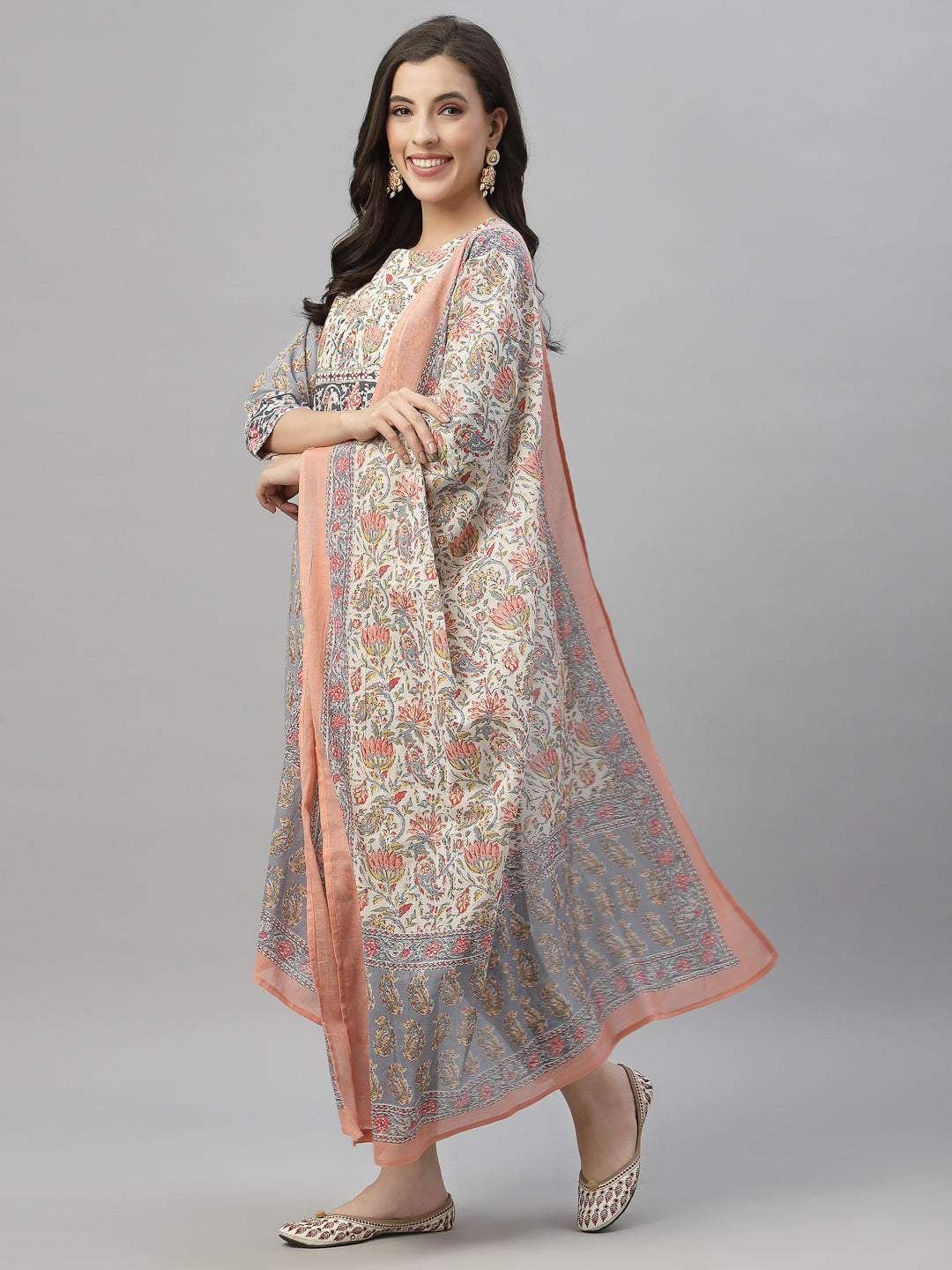 Juniper Women Grey Cotton Embroidered Straight Kurta Pant Dupatta Set - Distacart