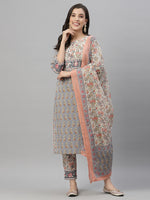 Thumbnail for Juniper Women Grey Cotton Embroidered Straight Kurta Pant Dupatta Set - Distacart