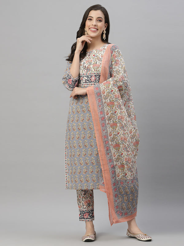 Juniper Women Grey Cotton Embroidered Straight Kurta Pant Dupatta Set - Distacart