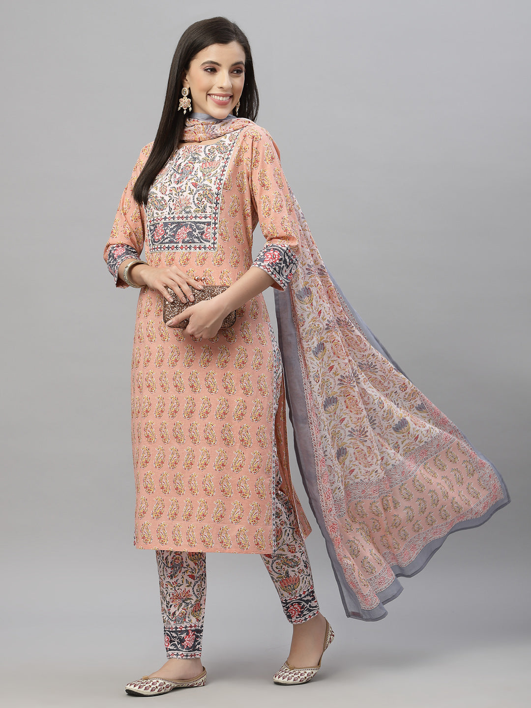 Juniper Women Peach Cotton Embroidered Straight Kurta Pant Dupatta Set - Distacart