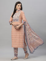 Thumbnail for Juniper Women Peach Cotton Embroidered Straight Kurta Pant Dupatta Set - Distacart