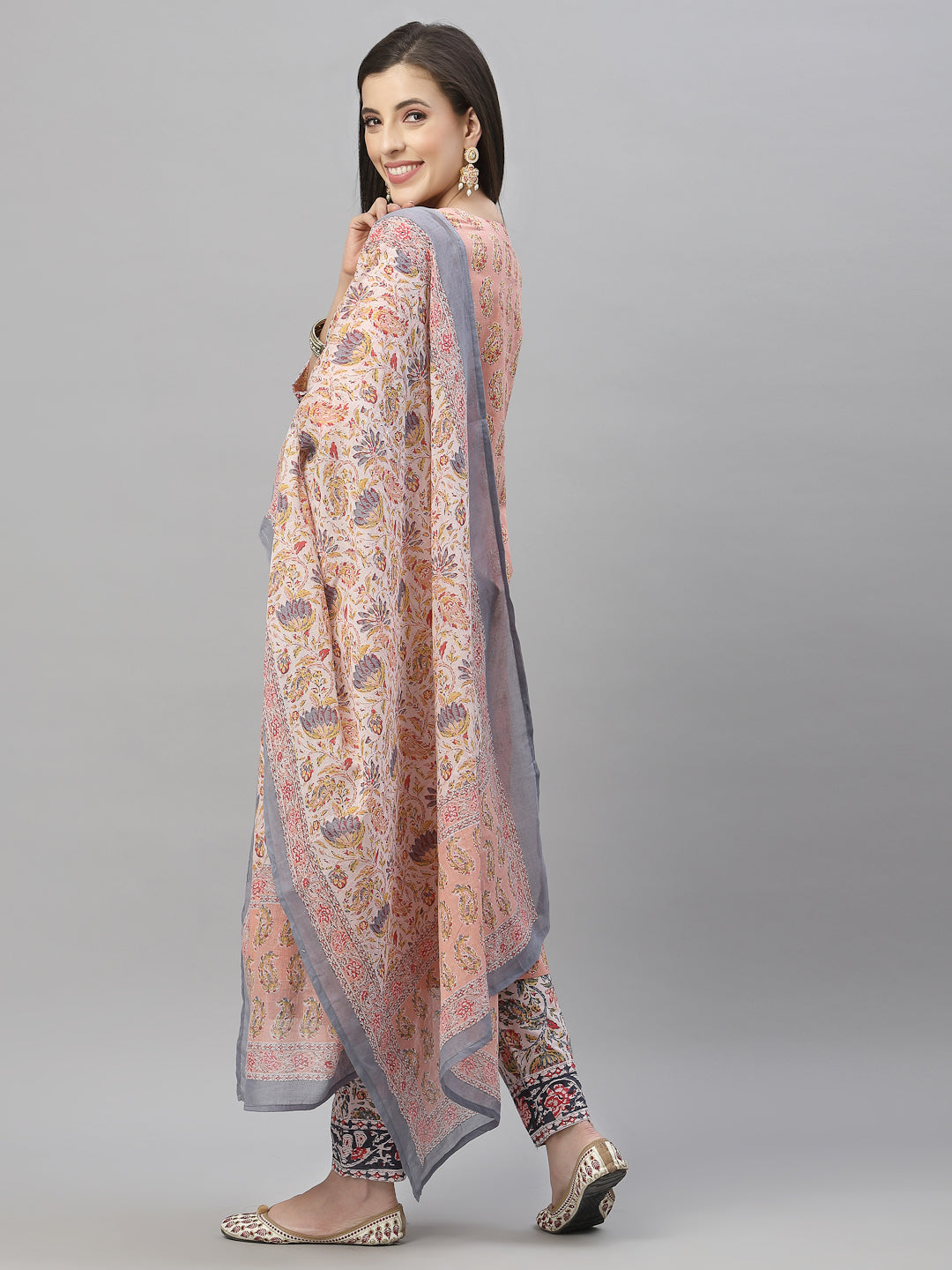 Juniper Women Peach Cotton Embroidered Straight Kurta Pant Dupatta Set - Distacart