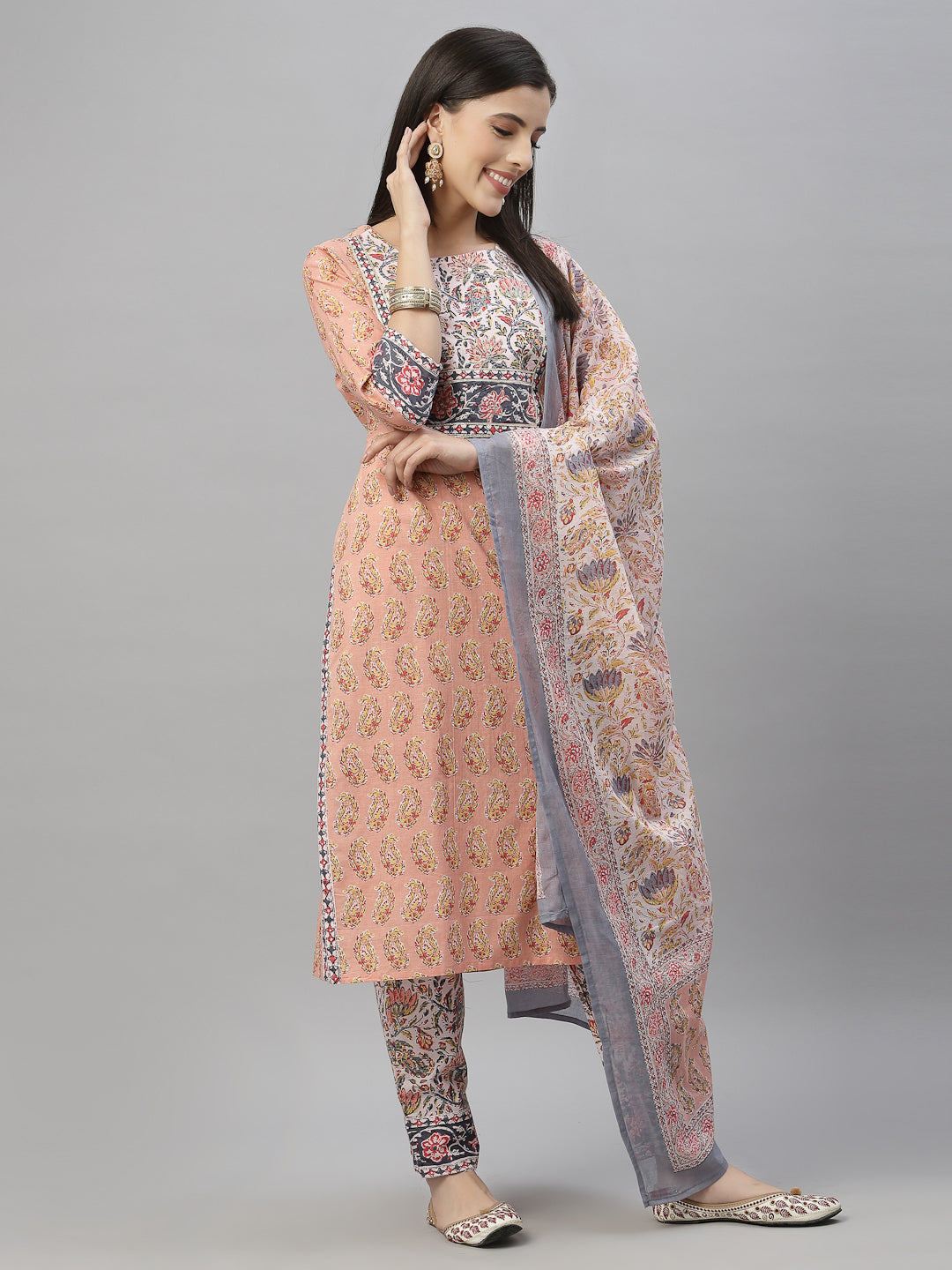 Juniper Women Peach Cotton Embroidered Straight Kurta Pant Dupatta Set - Distacart