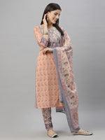 Thumbnail for Juniper Women Peach Cotton Embroidered Straight Kurta Pant Dupatta Set - Distacart