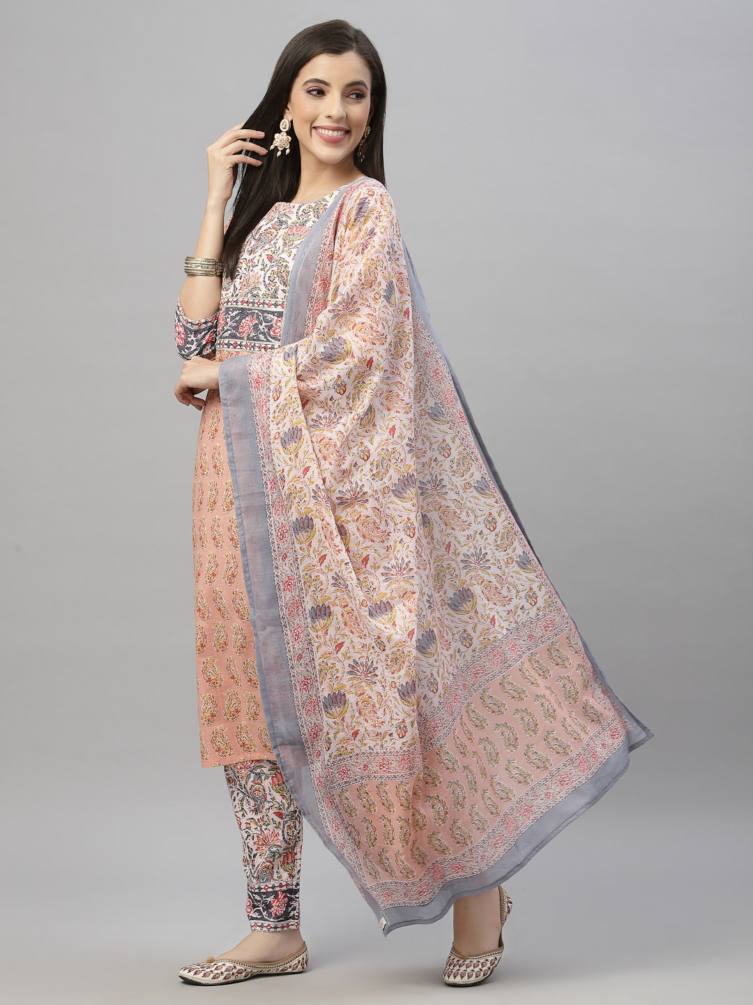 Juniper Women Peach Cotton Embroidered Straight Kurta Pant Dupatta Set - Distacart