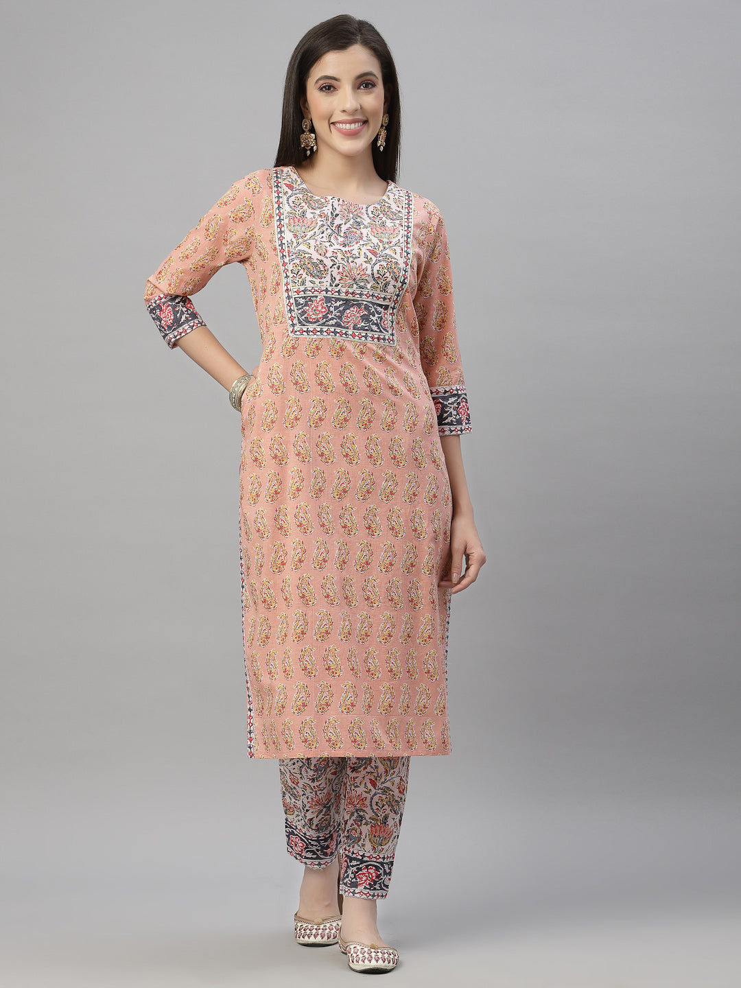 Juniper Women Peach Cotton Embroidered Straight Kurta Pant Dupatta Set - Distacart
