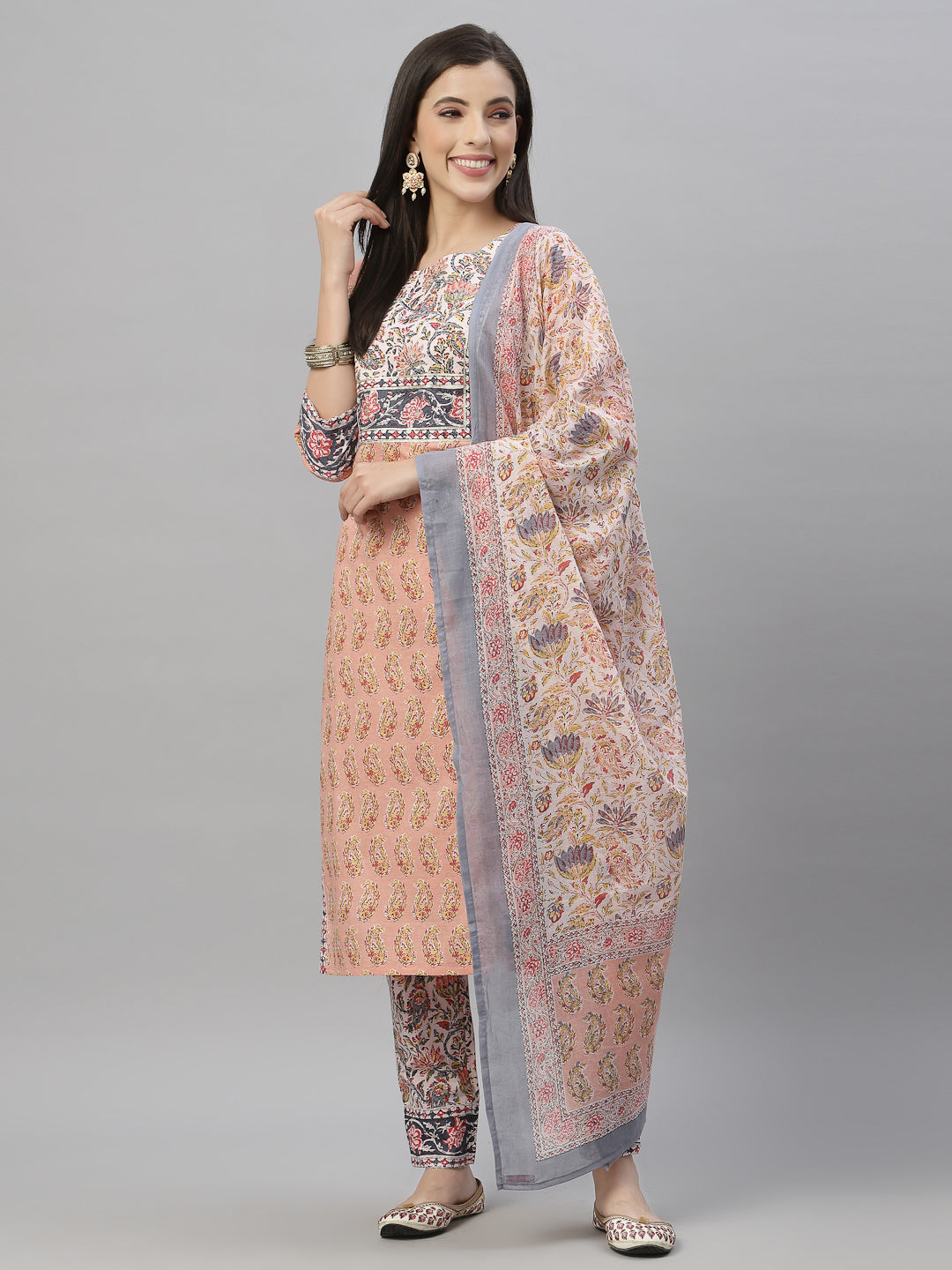 Juniper Women Peach Cotton Embroidered Straight Kurta Pant Dupatta Set - Distacart