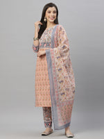 Thumbnail for Juniper Women Peach Cotton Embroidered Straight Kurta Pant Dupatta Set - Distacart