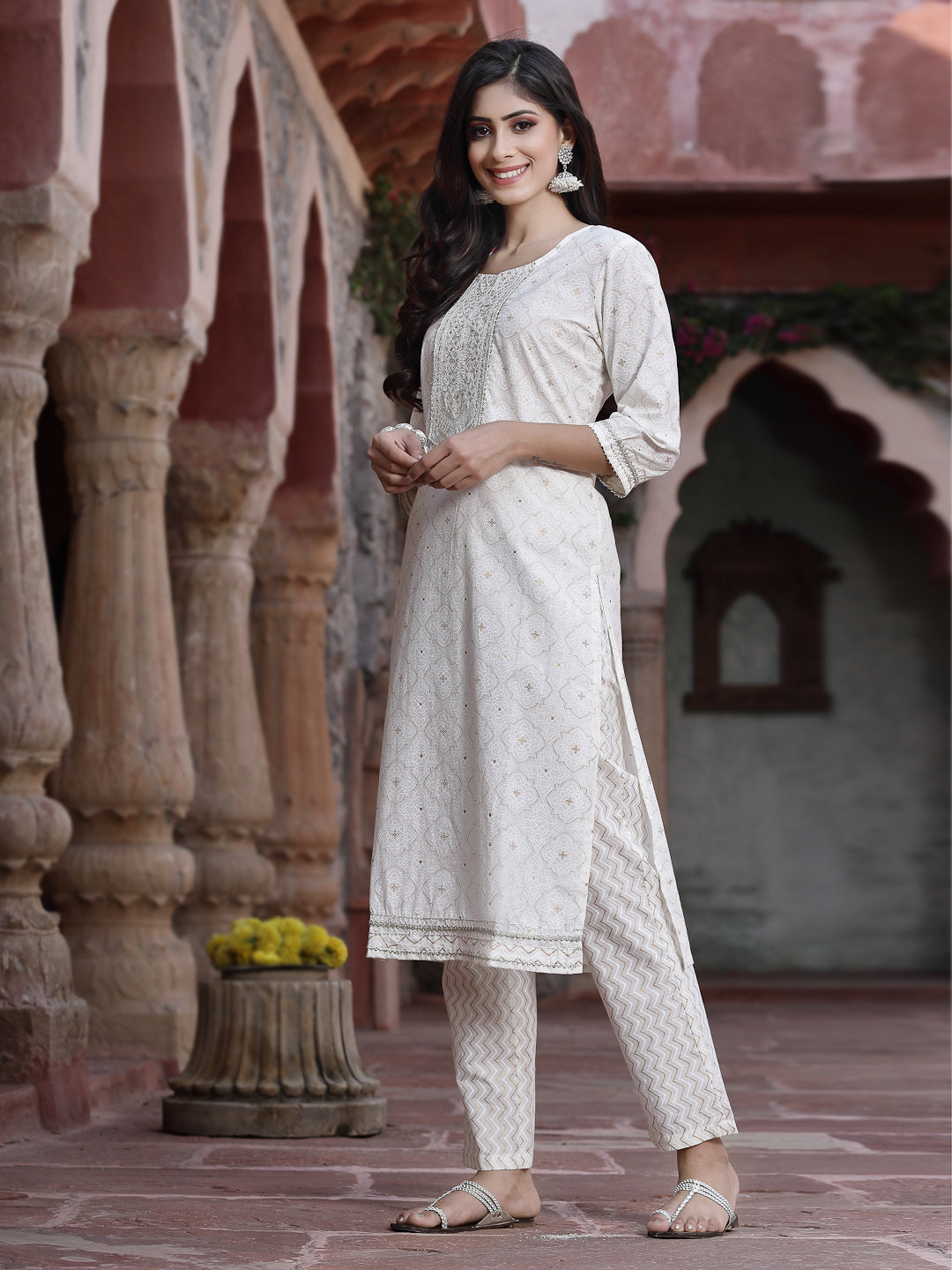 Juniper Women Off-White Cotton Embroidered Straight Kurta Pant Dupatta Set - Distacart