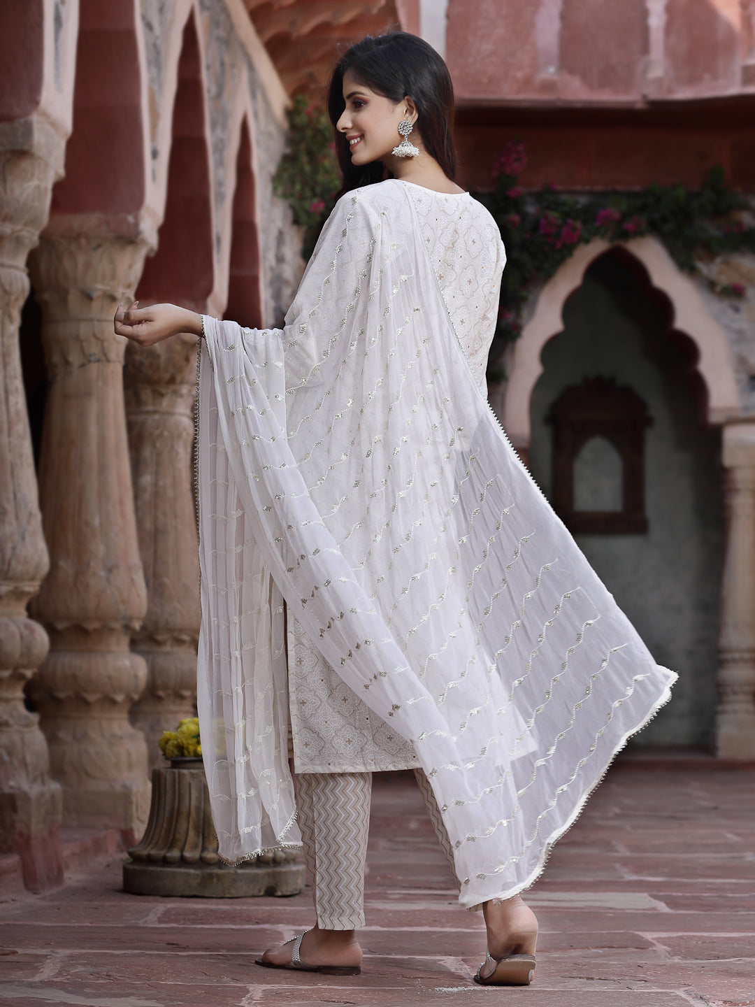 Juniper Women Off-White Cotton Embroidered Straight Kurta Pant Dupatta Set - Distacart