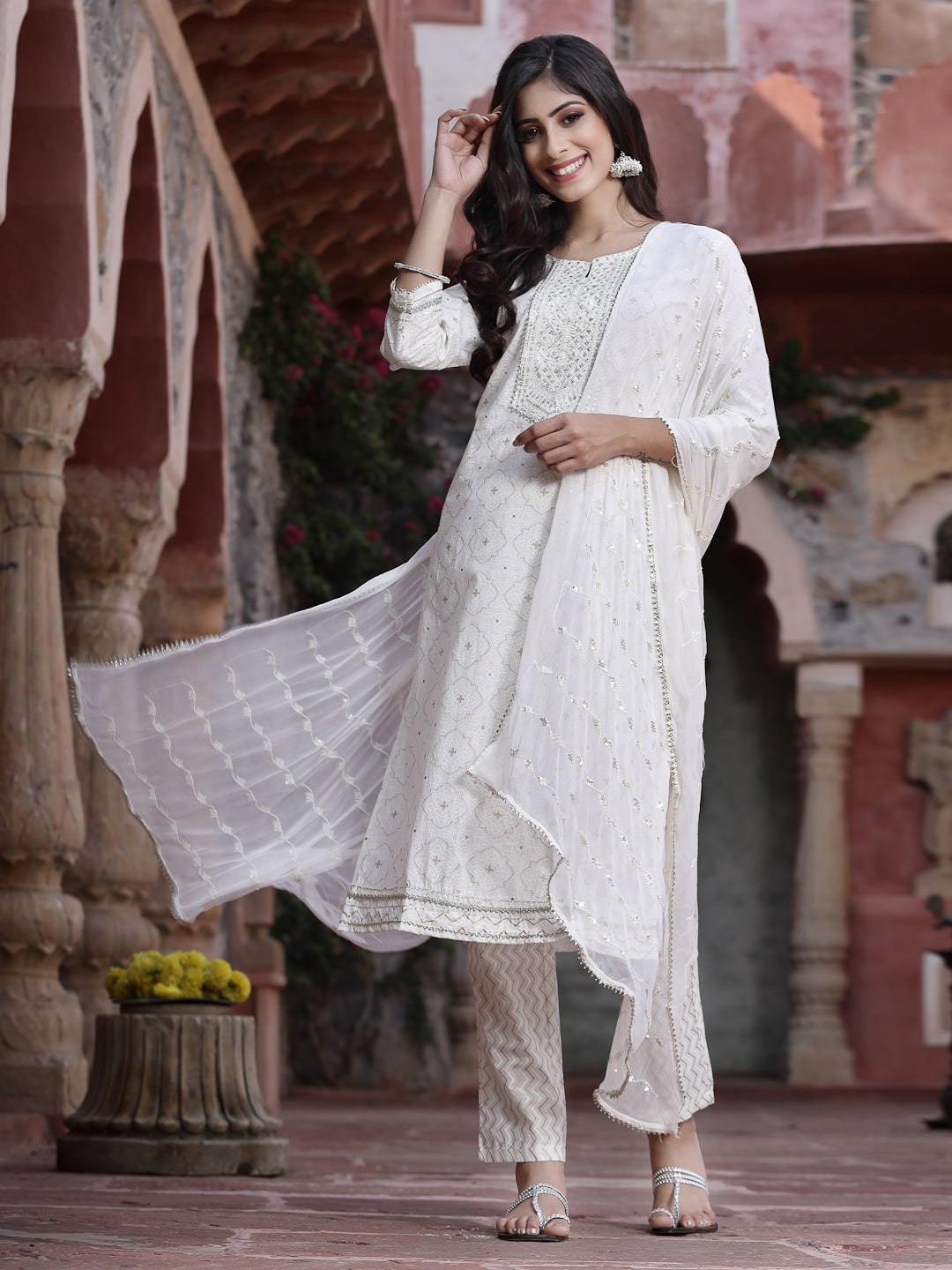 Juniper Women Off-White Cotton Embroidered Straight Kurta Pant Dupatta Set - Distacart