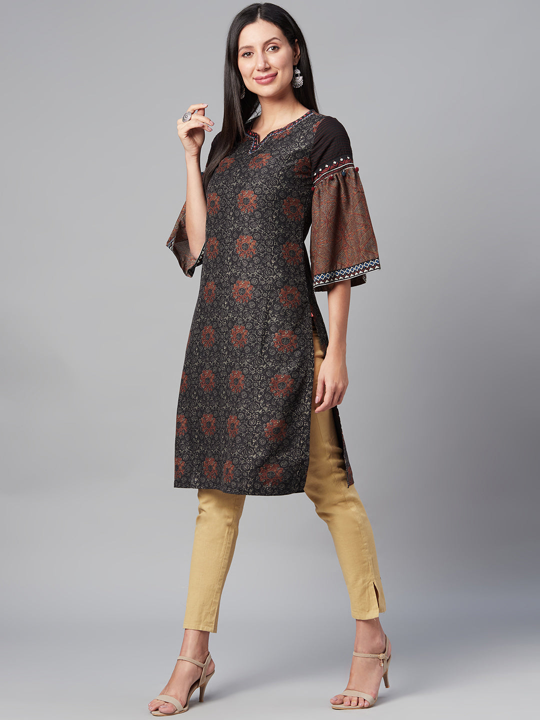 Biba Women Charcoal Grey & Beige Bell Sleeves Printed Kurta - Distacart