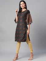 Thumbnail for Biba Women Charcoal Grey & Beige Bell Sleeves Printed Kurta - Distacart