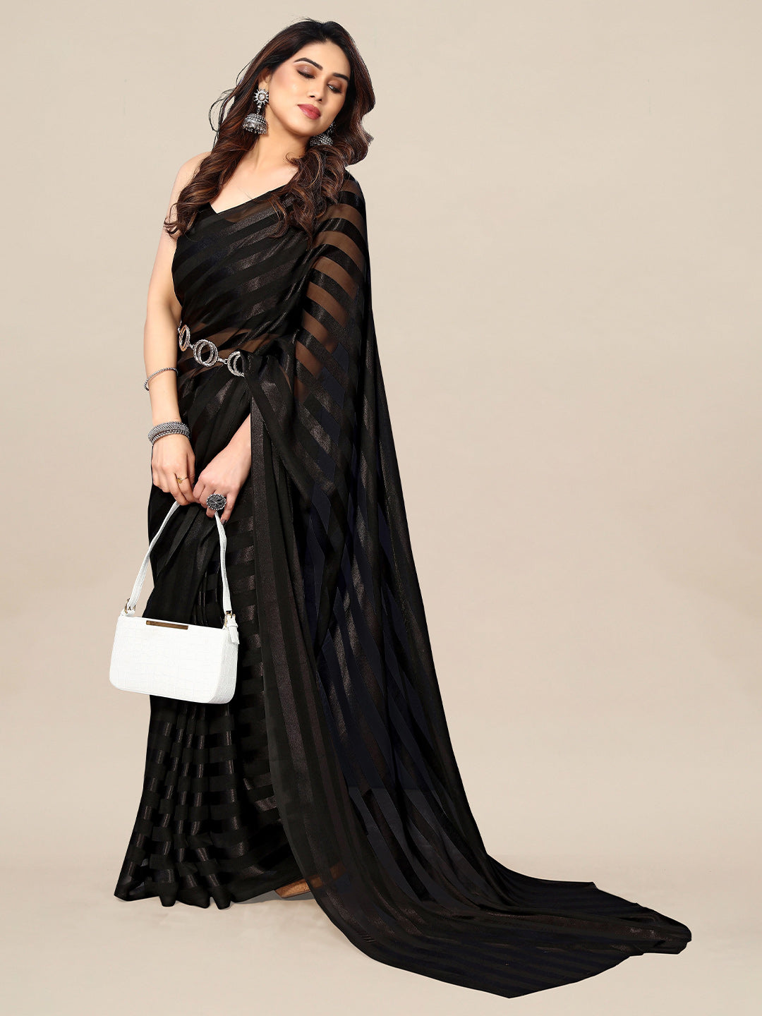 Kalini Striped Satin Belted Saree - Distacart