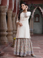Thumbnail for Juniper Women`s White Cotton Embroidered Straight Kurta Sharara Dupatta Set - Distacart