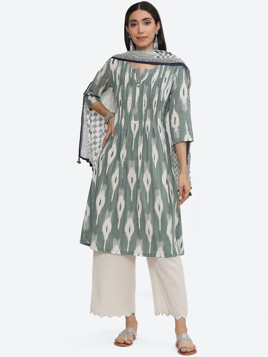 Biba Abstract Printed A-Line Kurta with Palazzos & Dupatta - Distacart
